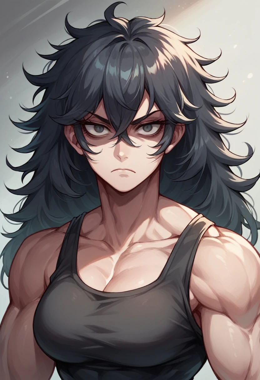 colorful portrait of a woman with long black messy hair, serious eyes, dull eyes, dead inside expression, gray eyes, beautiful face, majestic presence, wearing casual clothes, evil aura, muscular body