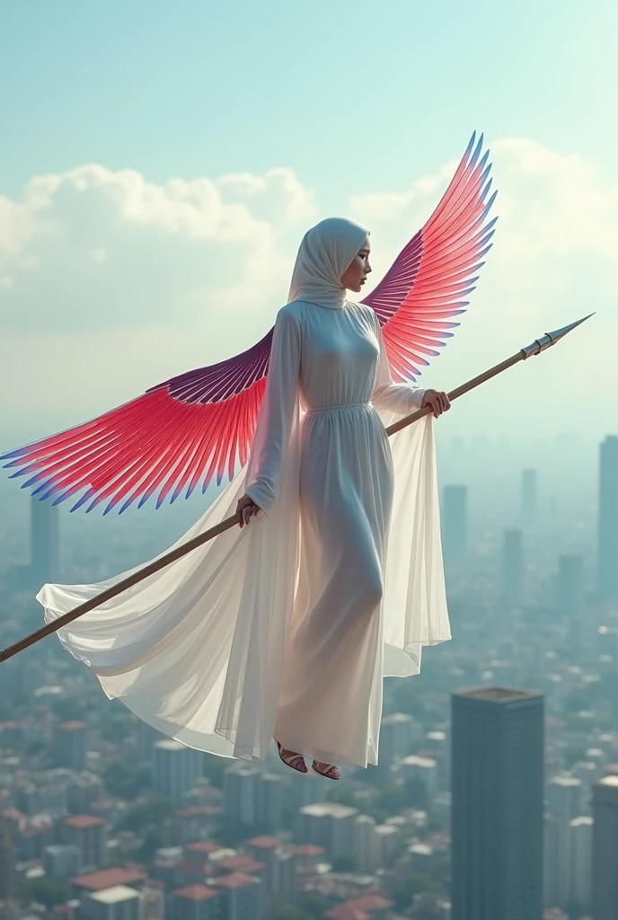 Muslim woman wearing a dress made of used plastic, soft transparent red and white colour with red and white, with wings like Indonesian garuda, elegant minimalist clasik design, wearing a white long skirt with red and blue straight line pattern, flying in the sky, on top of city, very realistic, very realistic, (complex detail: 0.9), (hdr, hyperdetail: 1.2), RAW, Sony Alpha a9 II, 24-105mm f/4, HDR, holding a spear,
