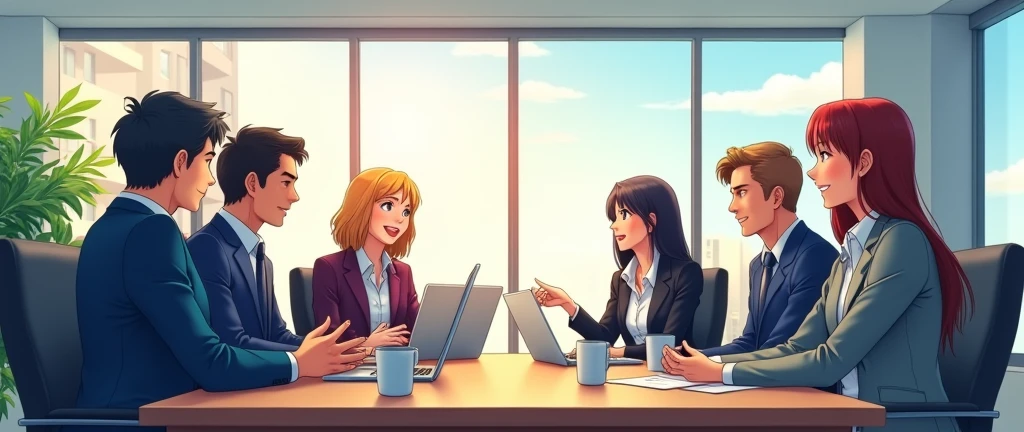 Important conversations in the company There are women talking and men talking. The atmosphere is friendly. It's a horizontal image. Anime