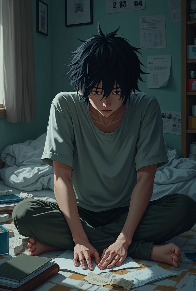 Generate A failure teenager boy struggling to fullfil their goals in anime style
