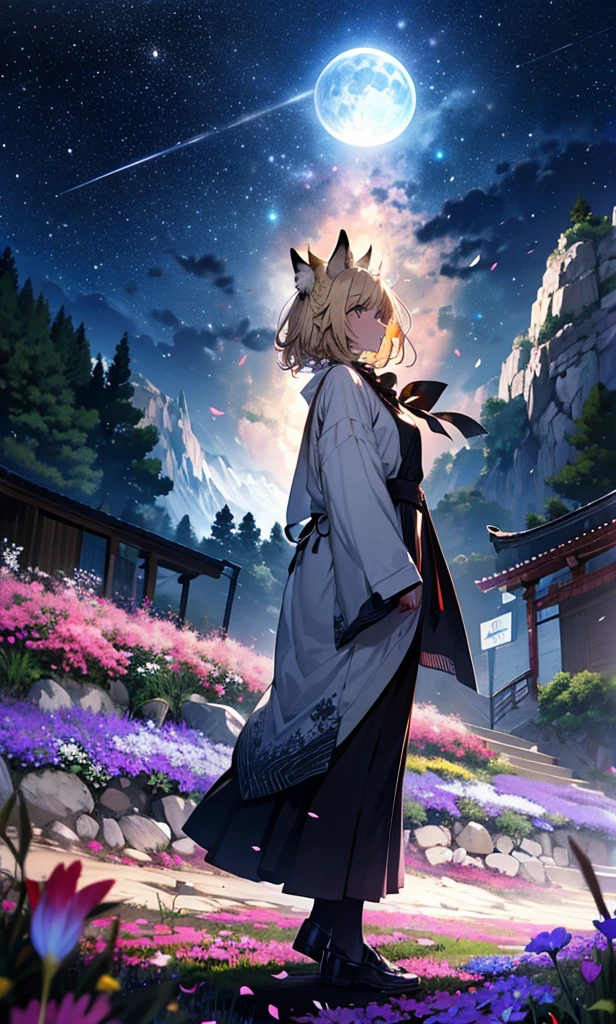 1people々々々々々々々々々々々々々々々々々々々々々々々,Woman with medium length blonde hair,Fox Ears,Long coat,Takageta, Dress Silhouette, Rear View,Space Sky, Flower Field,Colorful flowers,Dancing Petals,full moon,shrine,