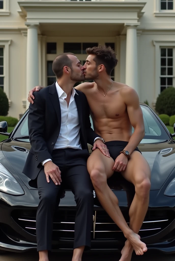 in front of a big mansion that are a lot of fancy black cars two gay men the one wearing only shirt and black underwear in the other wearing suit.the man wearing his suit is sitting on the one of the cars and man wearing underwear is sitting on man wearing suits boy that are horny and kissing and the man wearing suit is a squeezing the but of man wearing shirt the are kissing each other lip and the man with black underwear take his underwear off