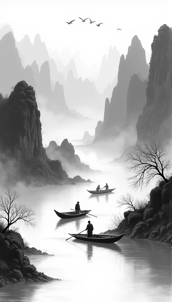 Peinture de paysage chinois，noir et blanc，encre à l&#39;eau，Encre，Tache，Vue lointaine，Angle de vision ultra large，Méticuleux，Bateau léger au loin qui pêche，Vue lointaine，Méticuleux，Tache，faible saturation，faible contraste，Des bateaux légers ont traversé dix mille montagnes lourdes，Magnifiquement représenté，Un détaillé，Acura，Oeuvres de maîtres，couleur chef-d&#39;œuvre