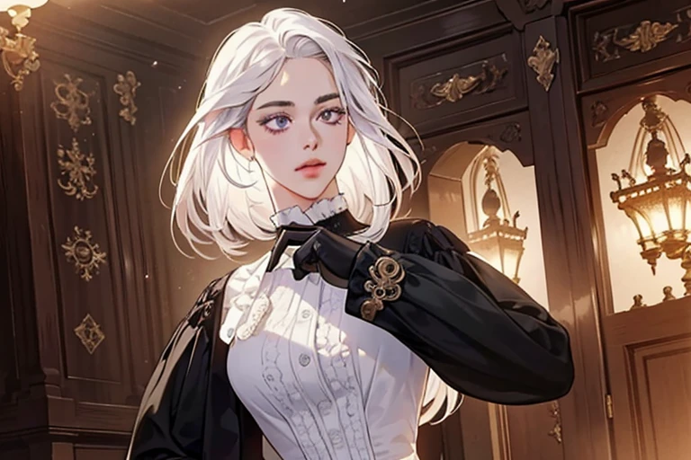 a determined victorian era woman, early 30's, scientist, pristine white labcoat, white clothes, writing, straight white hair, striking purple eyes, side-swept bangs, wearing a monocle, long black gloves, skirt, long black boots detailed realistic portrait, photorealistic, hyperrealistic, 8k, detailed clothing, beautiful detailed eyes, beautiful detailed lips, extremely detailed face, intricate ornate details, cinematic lighting, dramatic shadows, warm color tones, natural lighting, highly detailed, masterpiece, artstation, sharp focus, hyper detailed, full body