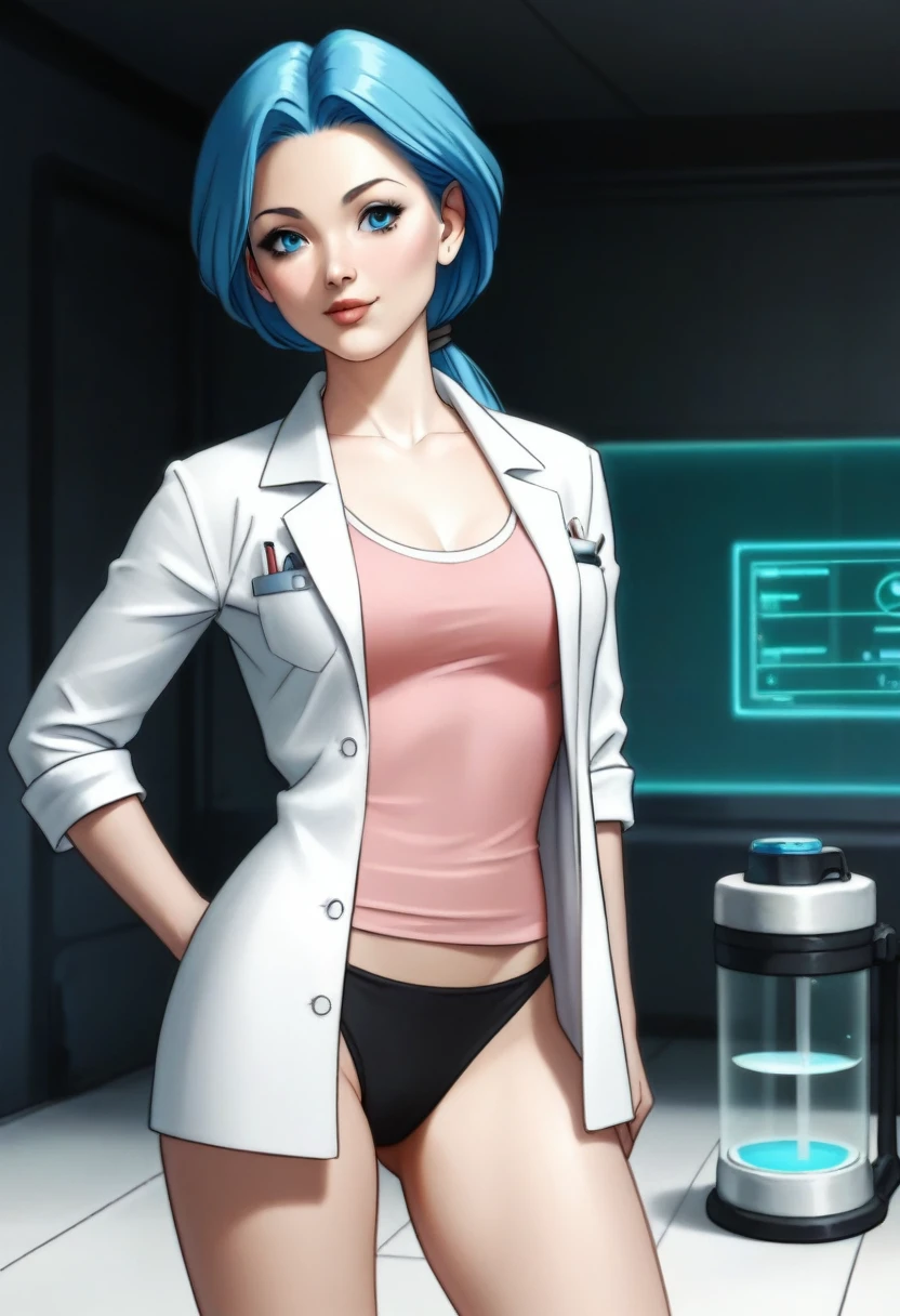 a beautiful anime girl with blue hair in a low ponytail, wearing a lab coat, pink shirt, mini skirt and panties, in a futuristic sci-fi setting, 8k, absurdly high resolution, photo-realistic, detailed facial features, vibrant colors, cinematic lighting