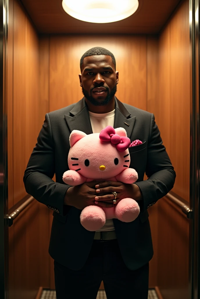 I want singer 50 cent in an elevator with a Hello Kitty stuffed animal, I want the stuffed animal to be held with both hands and I also want the elevator to be brown and the image to be in a circle like a moon.