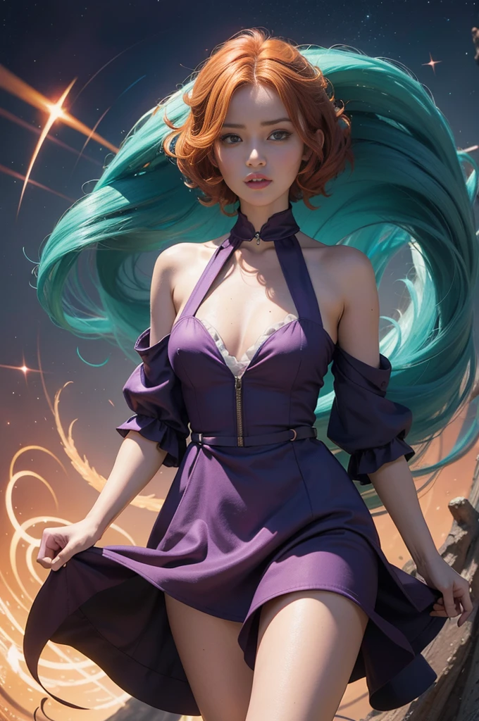 concept art, overhead angle of a Will-o'-the-wisp, wearing Funny Somali Emerald deep orange Pinafore, Caramel hair styled as Short hair, fluorescent purple Hair tie, equirectangular 360, Highres,  [(art by Willi Baumeister:1.1), (art by John T. Biggers:1.2)::17], official art, unity 8k wallpaper, ultra detailed, aesthetic, masterpiece, best quality, photorealistic