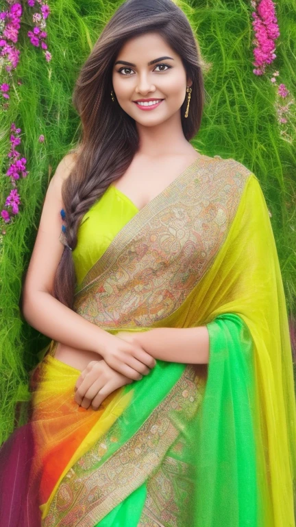 (best quality,4k,8k,highres,masterpiece:1.2),ultra-detailed,(realistic,photorealistic,photo-realistic:1.37) a breathtakingly beautiful and very young village girl, exuding an aura of innocence and charm. She is dressed in a traditional south Indian silk blouse, which is elegantly draped over a petticoat, and a half saree that accentuates her figure. Her long, shiny brown hair is brushed into intricate twin braids, adorned with colorful flowers that seem to dance in the breeze. Against this backdrop of lush green agricultural fields, the girl's flawless skin glows, making her appear even more radiant. The insane level of detail in this ultra-high definition, high dynamic range image captures every fleck of dirt on her skin and every strand of hair, as well as the vibrant colors of the flowers and the intricate patterns of her attire.