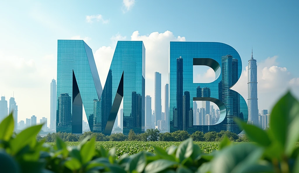 The image shows a huge RMB symbol with towering technology buildings and innovation labs behind it, symbolising the support of the tax cuts for technological development. The background should incorporate some green leaves and blue sky to convey the positive impact of economic development.
