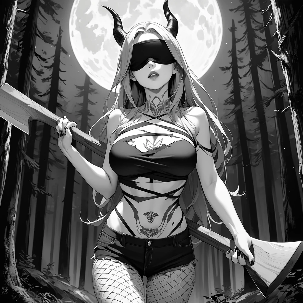 masterpiece, greyscale, mature woman, sfw, slim body, horns, long hair, lustful lips, blush, (blindfold, large breasts, chest bandage wrap), pentagon chest tattoo, nail polish, bloodstain, bellybutton, torn shorts, torn fishnets, holding axe, forest, midnight, moon