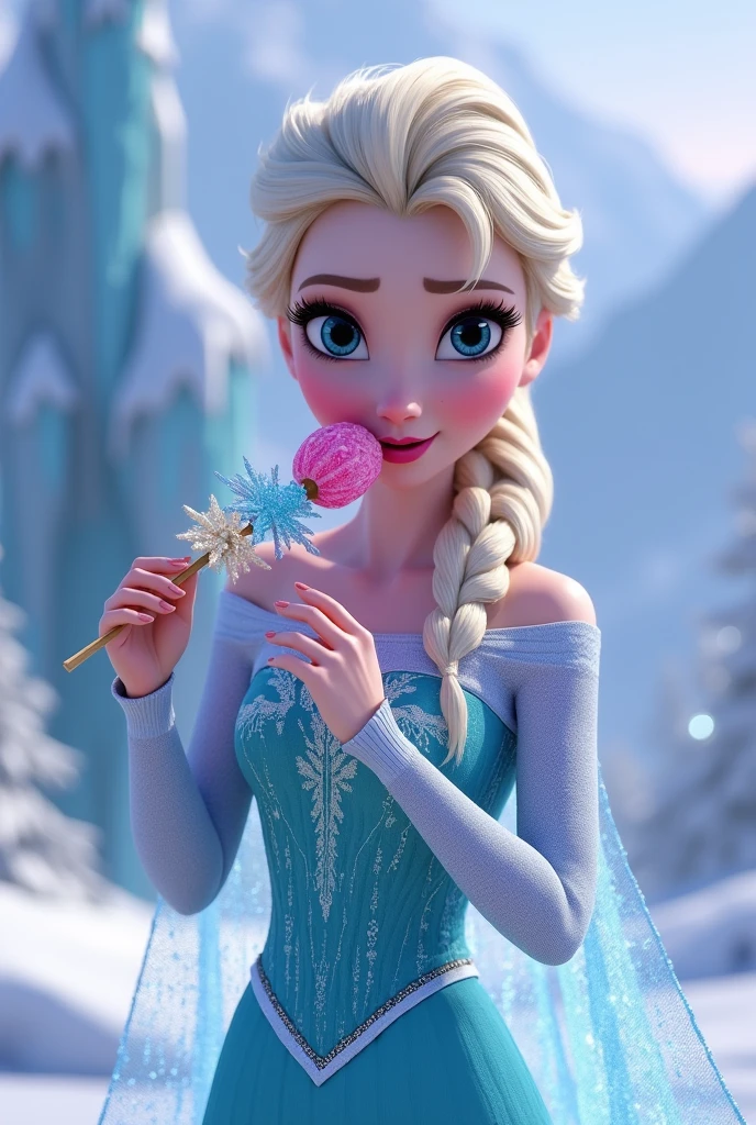 Elsa from Frozen eating a skewer