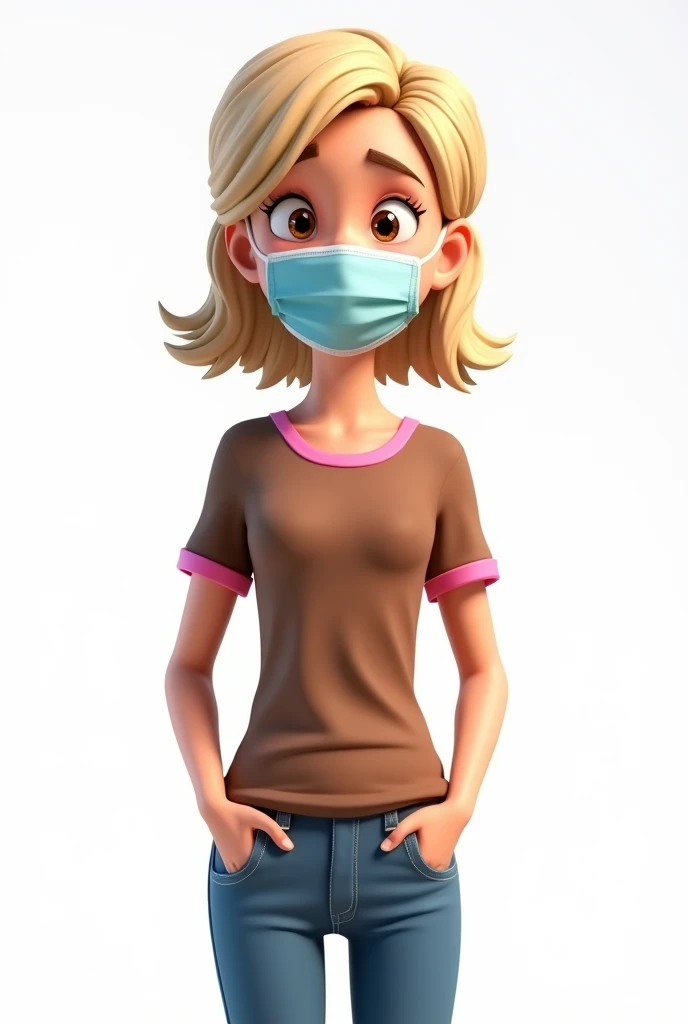 cartoon girl,  fully body, wearing surgical mask, with medium blonde hair, hair tied up and brown eyes, cartoon art style, full body character portrait, photorealistic art style, 3d stylized, realistic art style, Stylized 3D rendering, Character wearing a brown t-shirt with a pink collar and jeans, hands in pocket, cartoon style illustration; motor 3d irreal, realistic 3 d style, Arte Disney, stylized portrait, white background, good resolution clear image
