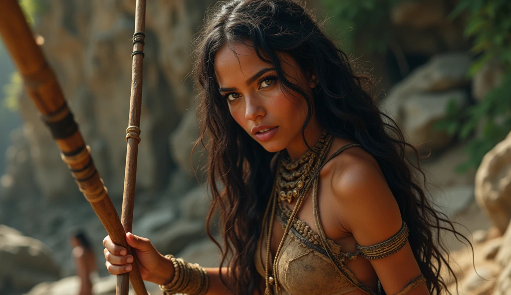beautiful tribeswomen in cave clothes, wielding a spear, holding a man hostage, detailed facial features, gorgeous eyes, long eyelashes, full lips, detailed skin texture, (best quality, 4k, 8k, high resolution, masterpiece: 1.2), ultra detailed, (realistic, photorealistic, photorealistic: 1.37), natural lighting, warm color tones, intricate tribal patterns, rugged environment, lush vegetation, detailed rock formations, dramatic lighting