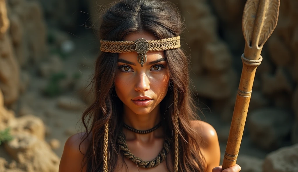 beautiful tribeswomen in cave clothes, wielding a spear, holding a man hostage, detailed facial features, gorgeous eyes, long eyelashes, full lips, detailed skin texture, (best quality, 4k, 8k, high resolution, masterpiece: 1.2), ultra detailed, (realistic, photorealistic, photorealistic: 1.37), natural lighting, warm color tones, intricate tribal patterns, rugged environment, lush vegetation, detailed rock formations, dramatic lighting