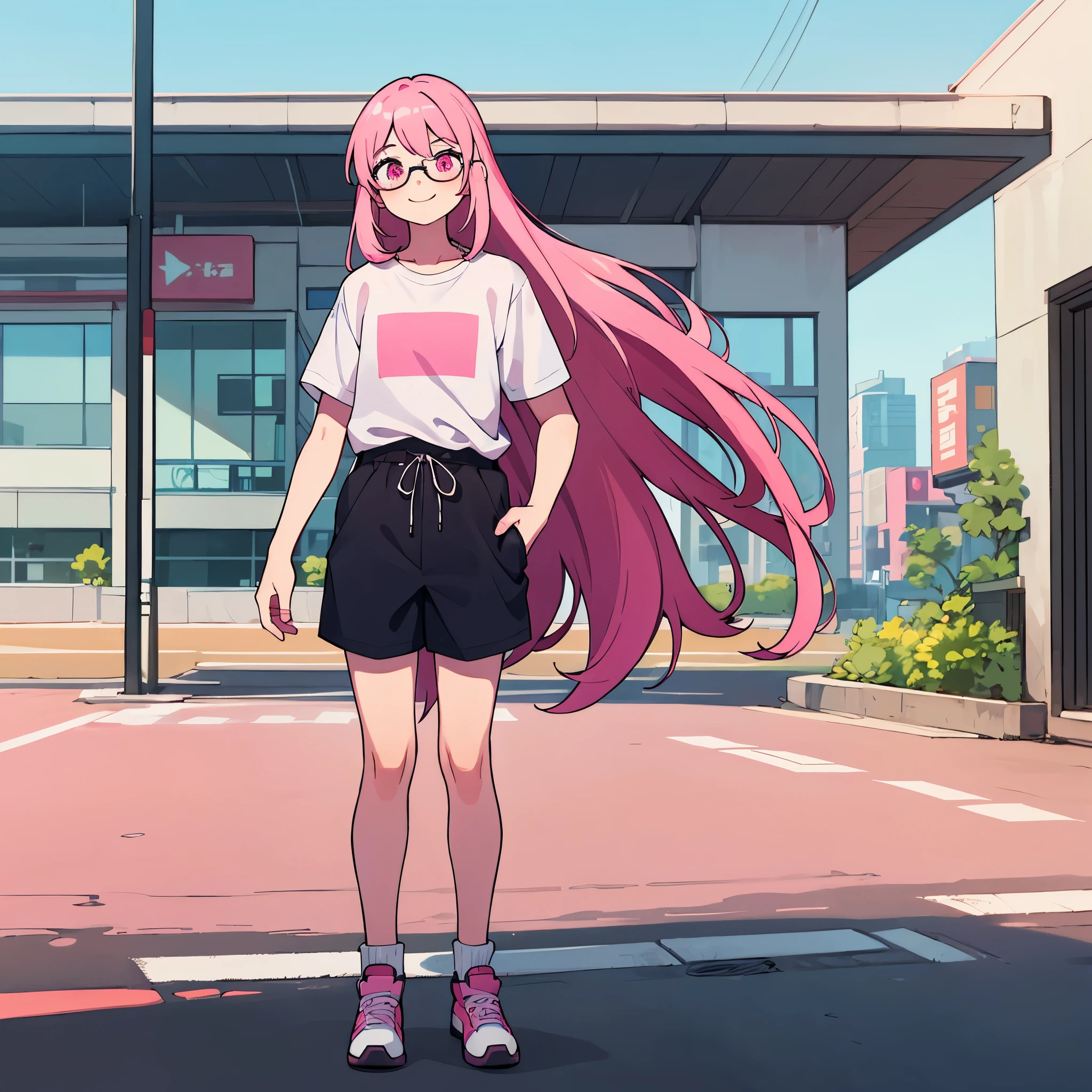 1boy, only one boy, one boy only, flat chest, long pink hair, pink eyes, looking at the viewer, wearing glasses, , feminine face, standing alone on the side of the road, stand straight, smile, looks excited, wearing shorts and an oversized shirt, half-body shot