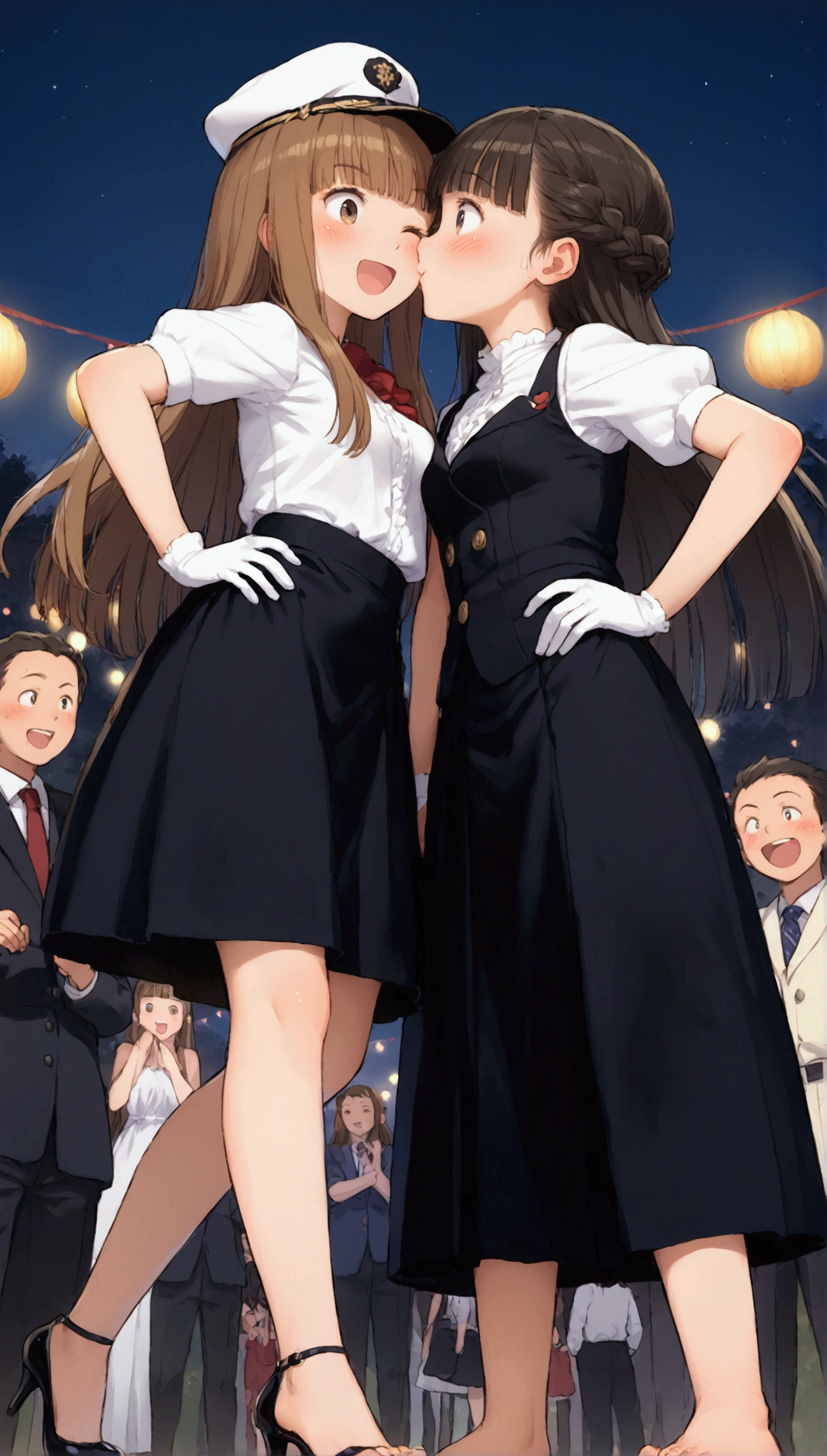 {Highest quality}, {Super beautiful},{Ultra fine},{Best illustration},Brown Hair,Hime cut,long hair,Braid,One woman,Standing Woman,Strike a pose,Adult women,smile,Excited face,Wink,Uniform cap,White Shirt,Short sleeve,long black skirt,White gloves,Night Festival,Blushing,Slender,Black stiletto heels,barefoot,From an angle,From below,Put one hand on your hip,Woman with closed legs,to kiss