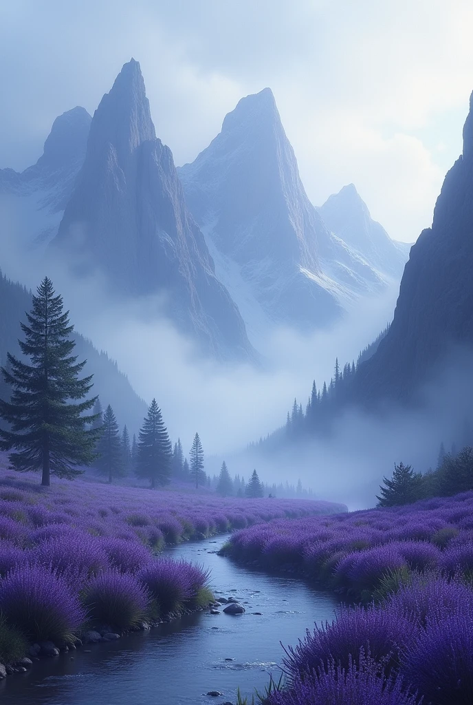 Mountains with small water stream with lavender flowers with mysterious aesthetic dark fog 