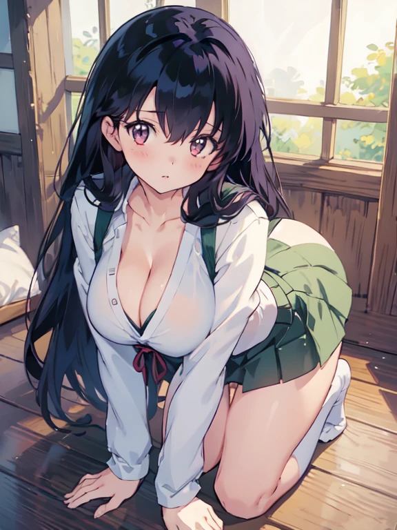 (masterpiece), 1girl, solo, standing in a japanese traditional house, wide hips, big and round ass, horny face, Thick thighs, looking at viewer, big breasts, kagome higurashi, cleavage, at all fours