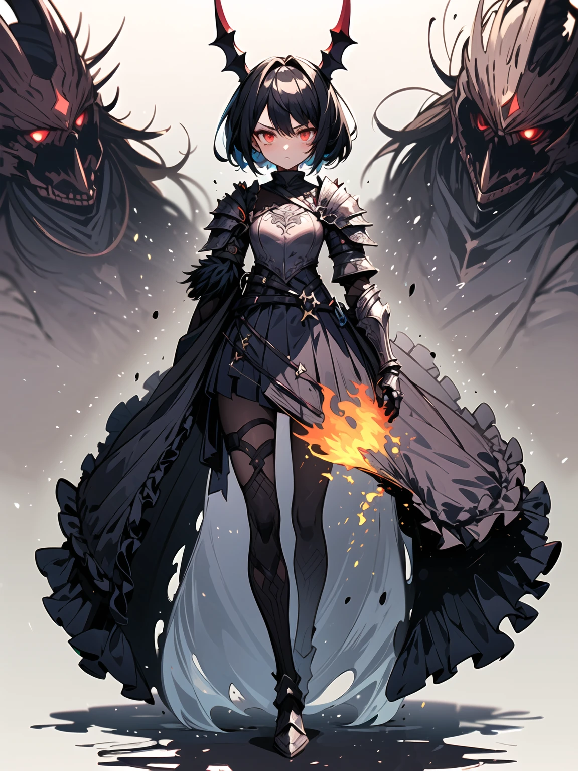 (((masterpiece, best quality, high detailed, 16k))) (1girl) A fierce girl donning armor reminiscent of Black WarGreymon, her eyes burning with determination and strength. Her hair is a stark black with streaks of silver, flowing around her fierce expression. She wears a dark, metallic armor, adorned with menacing spikes and intricate patterns of red and black, echoing the design of a powerful Digimon warrior. The armor is both robust and sleek, offering maximum protection while enhancing her intimidating presence. She wields a massive, clawed gauntlet, and her stance exudes readiness for battle. Around her, a dark aura pulses with raw energy, hinting at her immense power and relentless spirit. ((full body view:1.4))