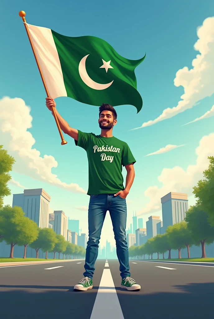 A real 32years old boy, Wearing green T shirt blue jeans sneakers and the name “Gulam Hussain is written on his t-shirt and the boy is standing on the road with holding a national flag of Pakistan and behind him is the Lahore And written on sky “Independence Day” Create Realistic image high quality..