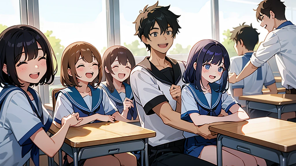 The background is a classroom。The boys and girls are laughing out loud with big, happy smiles.。