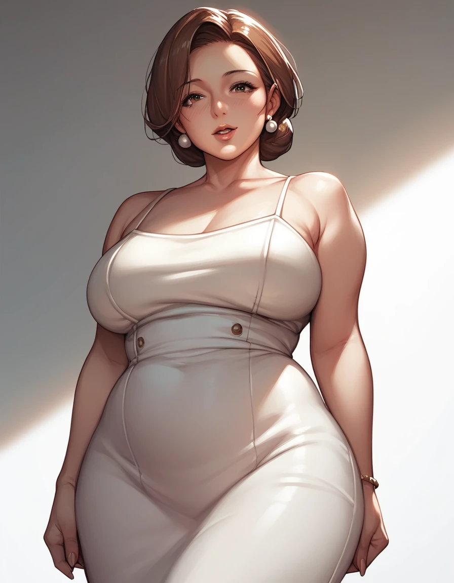 score_9, score_8_up, score_7_up, source_anime,1girl, mature female, brown hair, curvy mother, wide hips, normal breast, (happy expression:0.9), looking at viewer, standing, white dress, half complete body view