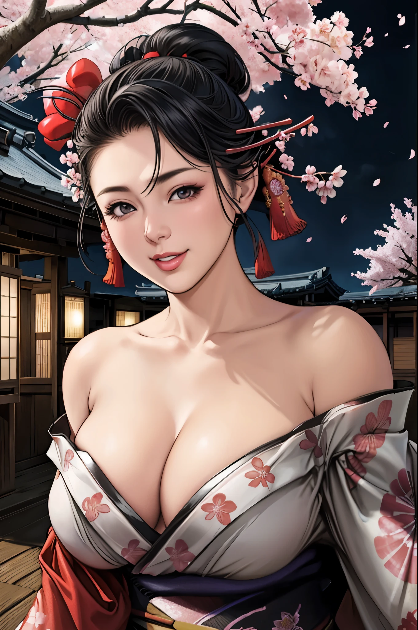 (Browsing Caution), (RAW Photos), (Realistic), (Photorealistic), Ultra-high resolution, masterpiece, Highest quality, Portraiture, facial Portraiture, Perfect lighting, Detailed lighting, Dramatic Shadows, Ray Tracing, Pure Eros Face_v1, Urzan-6500-v1.1, ((smile)), ((upper body:1.2)), ((random sexy pose)), looking at viewer, ((wearing a kimono)), ((off shoulders kimono:1.8)), ((in old Japanese street)), ((night)), ((full moon)), ((background with Cherry blossoms:1.2)), ((Japanese tattoo)),
