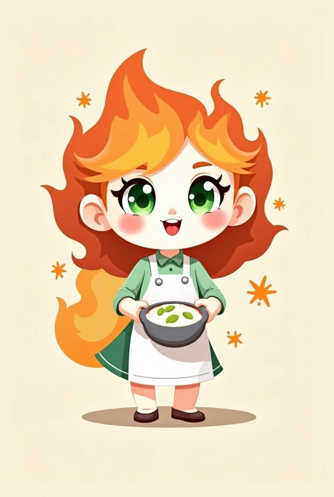 A food logo with a cartoon character of a white female cook, with green eyes and hair like fire, wearing a dress with a gentle air.