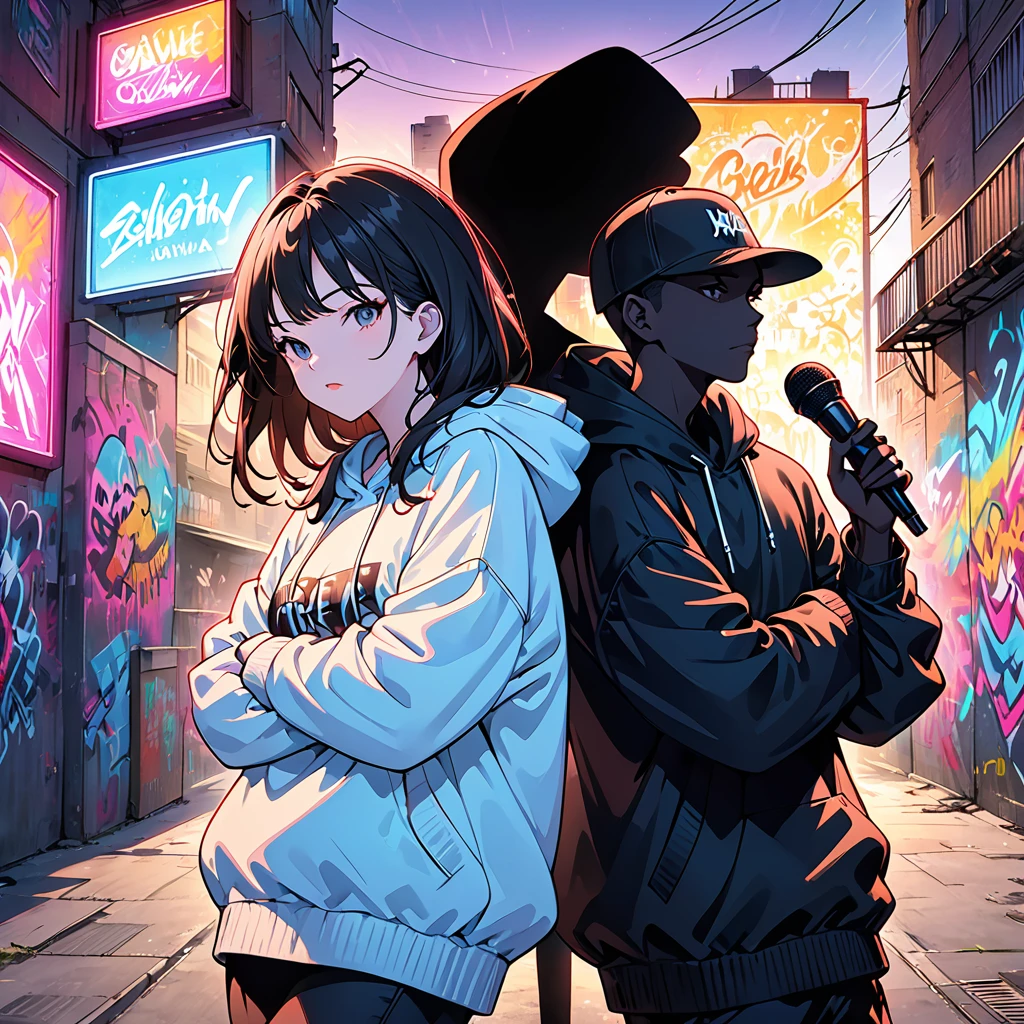 silhouette art,Generate an image of a hip-hop duo consisting of a man and a woman. Both have their upper bodies shown with faces as black silhouettes. The man is in a hoodie, arms crossed, and the woman is holding a microphone. The background features urban elements like graffiti and neon lights, capturing the gritty energy of hip-hop