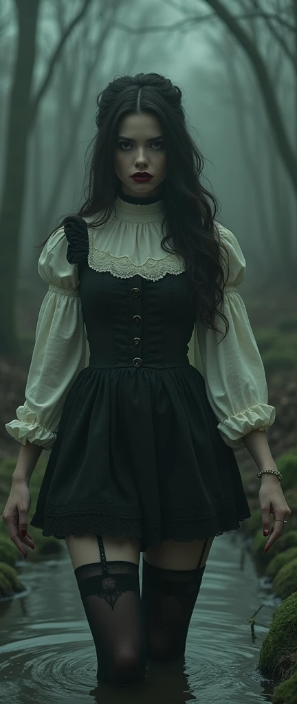 drama, stuck in bog,high-neck style, closed Puritan dress, short mini-dress, hips, high-neck dress, aristocratic hairstyle, stockings with garters, red lips, goth, aristocratic behaviour
