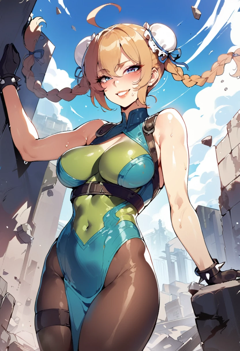 masterpiece,best quality,extreme detail,8k,cammyfn, 1girl, solo, Cammy, long hair, breasts, blue eyes,brown blonde hair, large breasts, gloves, red hat, braid, ahoge, twin braids, leotard, lips, makeup, beret, scar, antenna hair, nose, harness, huge ahoge, green leotard,sleeveless, sweaty,sweat, exhausted,sleeveless,cross eye, full body , 1girl, (solo:1.2), (jumping:1.3), (mid air:1.3), (cowboy shot:1.5), smile, happy, (masterpiece:1.3), (best quality:1.3), (perfect anatomy:1.4), highly detailed, chun li, brown eyes, short hair, double bun, bun cover, blue dress, pelvic curtain, spiked bracelet, sash, brown pantyhose, (post fight scenery:1.3), rubble, outside, daylight, nyantcha, expressive faces, anime-inspired, (cell shading:1.2), lips, merging