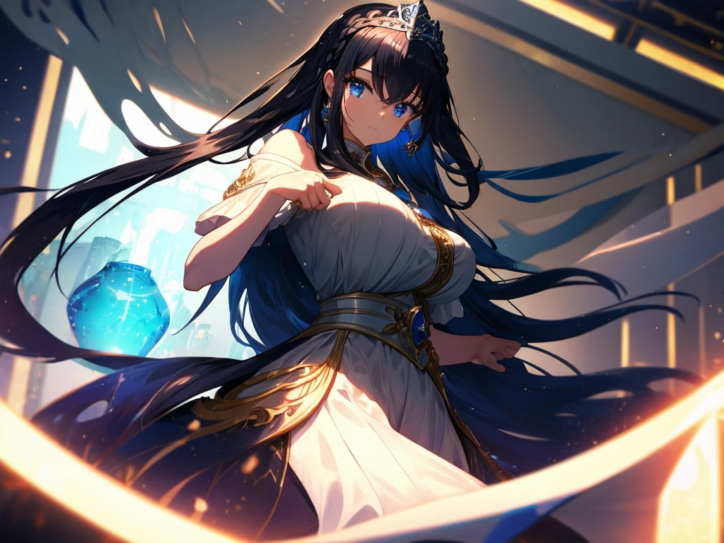 best quality, extremely detailed,anime style 1girl,long hair down to the waist, straight hair, ((((dark black hair with bluish)))),((crown braid)),beautiful detailed eyes, pinched eyes, (dark blue eyes),((huge breasts)),curvy,((((white princess dress)))),flare skirt,Fine decoration,clothing with complex patterns,((((private room)))),((Detailed background)),((Comfortable posture)),relax pose,lying bed