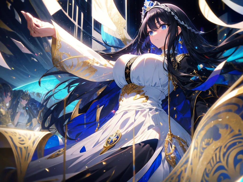 best quality, extremely detailed,anime style 1girl,long hair down to the waist, straight hair, ((((dark black hair with bluish)))),((crown braid)),beautiful detailed eyes, pinched eyes, (dark blue eyes),((huge breasts)),curvy,((((white princess dress)))),flare skirt,Fine decoration,clothing with complex patterns,((((private room)))),((Detailed background)),((Comfortable posture)),relax pose,lying bed