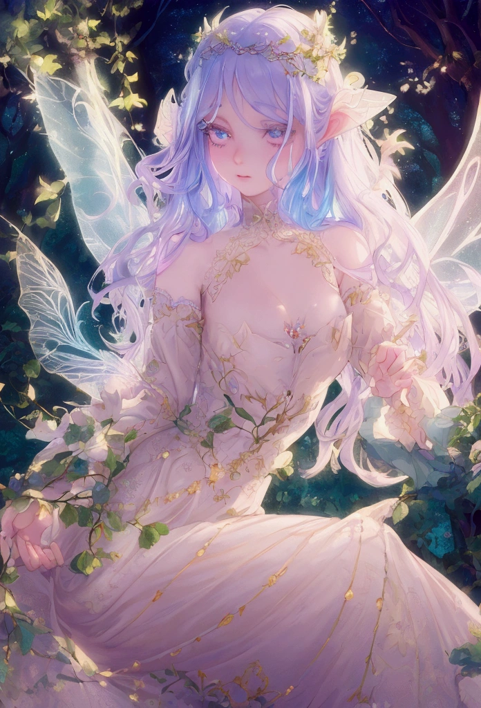a beautiful fairy girl, delicate facial features, long eyelashes, porcelain skin, detailed intricate wings, whimsical expression, colorful fantasy forest background, magical glowing lights, warm soft lighting, vibrant colors, ethereal atmospheric, highly detailed, 8k, photorealistic, masterpiece
