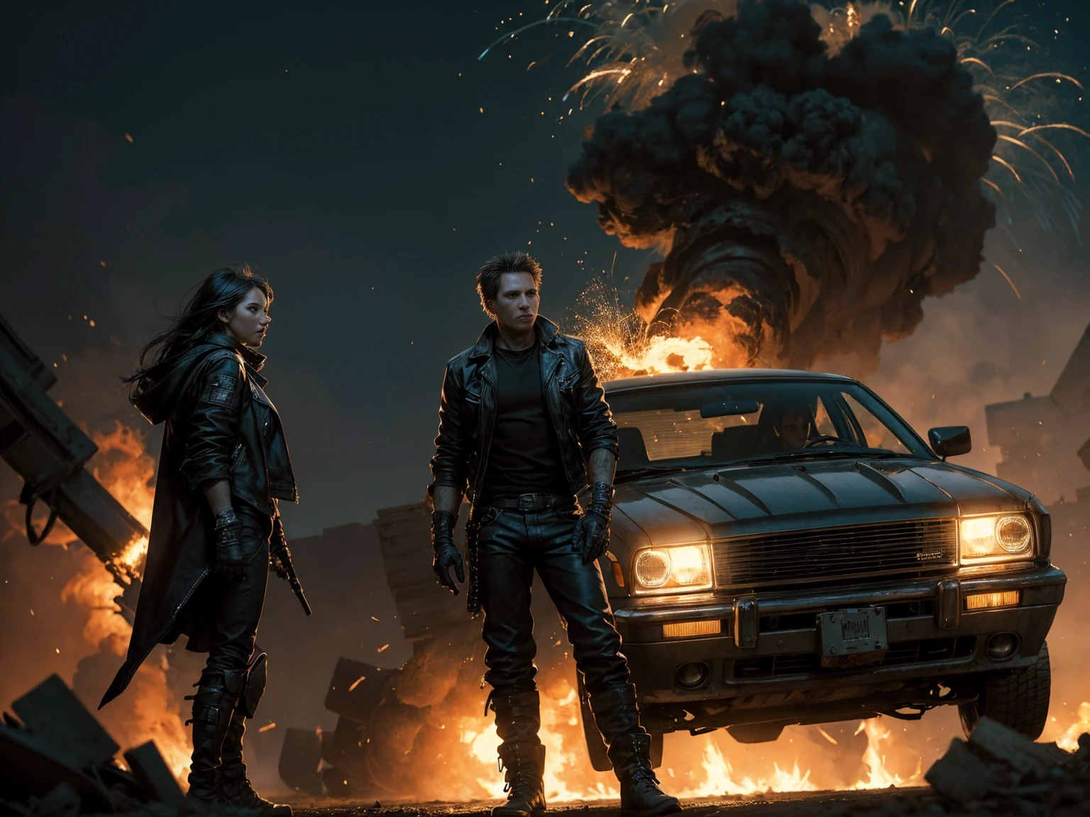 (masterpiece, Best Quality), An impressive Mad Max-style Armored Tank scene: 1.3. , Their punk-inspired attire, exudes a sense of rugged charm. The figures strike dynamic and sensual poses., their captivating expressions fixed directly at the camera. The backdrop features epic lighting of a nighttime landscape in destruction., with explosions tearing the air, illuminating the darkness and casting dramatic shadows. Exploding vehicles are shown in the background., its flames add to the bright and vivid colors