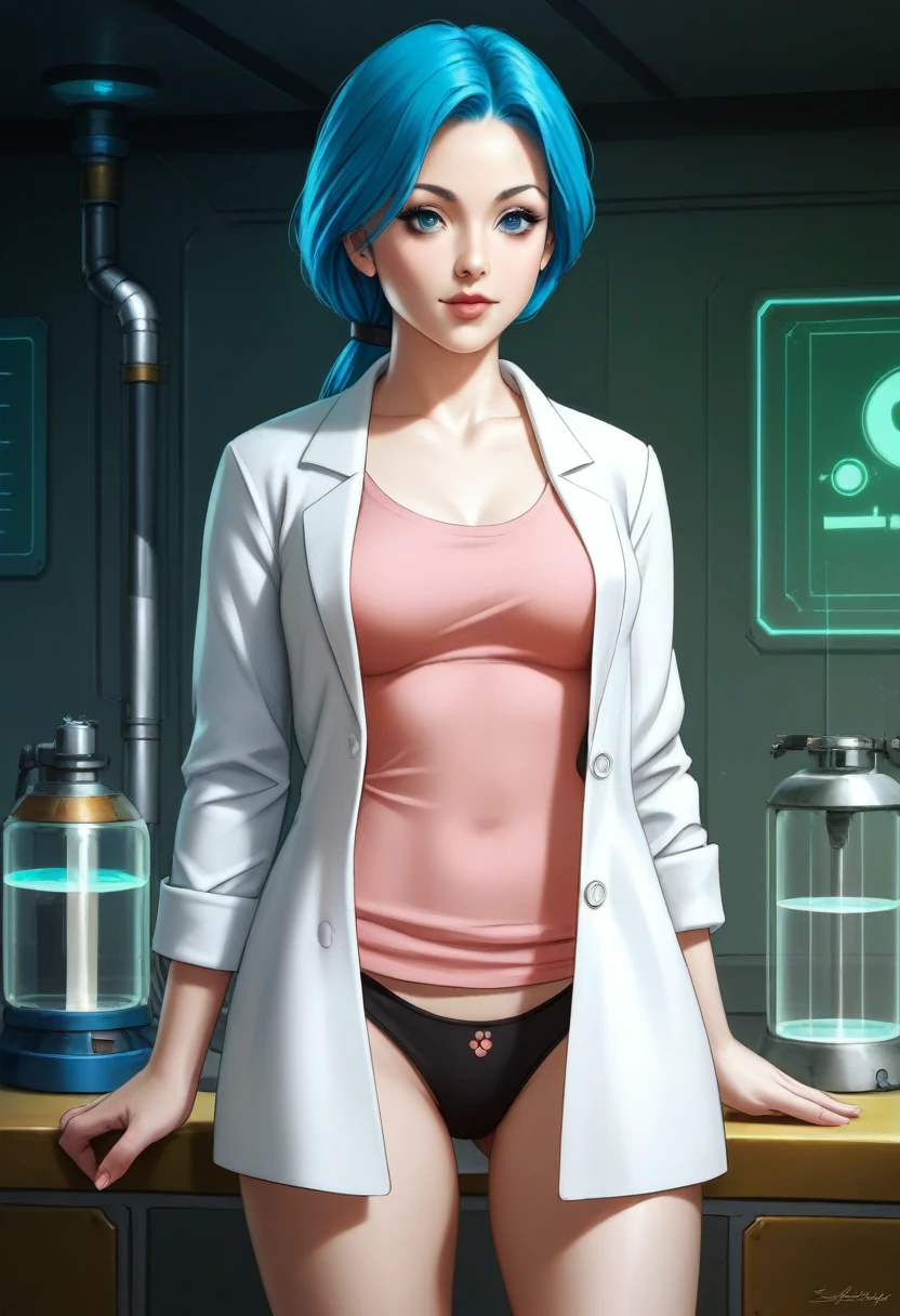 a beautiful anime girl with blue hair in a low ponytail, wearing a lab coat, pink shirt, mini skirt and panties, in a futuristic sci-fi setting, 8k, absurdly high resolution, photo-realistic, detailed facial features, vibrant colors, cinematic lighting