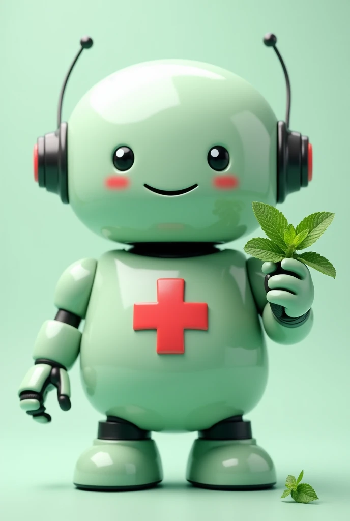 Small, light green, chubby friendly robot with a medical cross on its chest and holding a mint leaf in its hand 