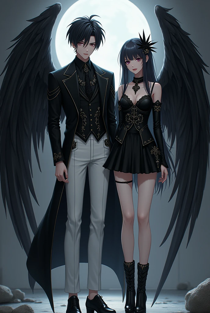 Man in gothic suit and white pants and wings. Girl gothic mini dress . Anime style 
