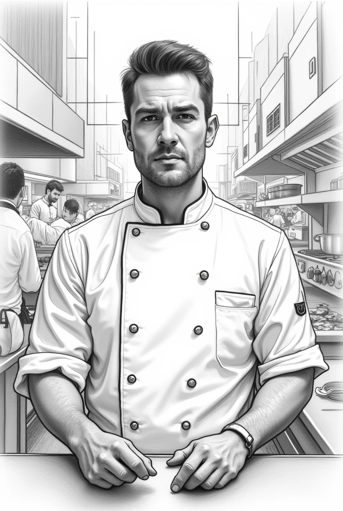 Draw me a picture of a situation where there is a chef with an emergency and the chef is keeping calm, draw it in pencil. 