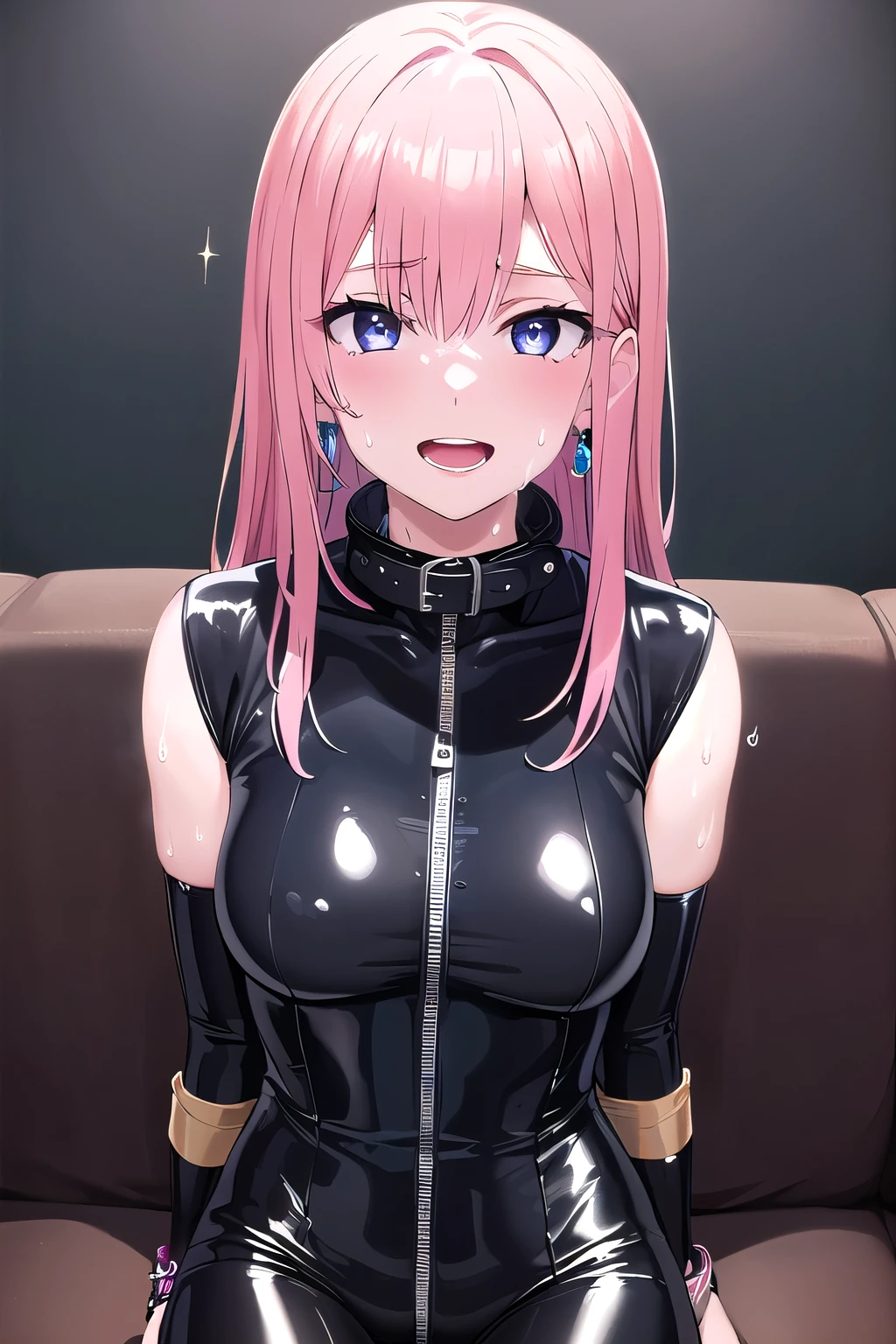  (8K, top-quality, masterpiece:1.2), ( Super Detail), (One girl), (Highly detailed), (beautifully detailed eyes), (of the highest quality), (super detailed ), (masterpiece), (Detailed face), ((pink hair,long hair)), medium breasts, clothed, Perfect Lighting, BREAK, (black glossy bodysuit:1.3), high neck with a full zipper, (glossy fabric:1.1), (black tights:1.2), matte finish, (thigh-high boots:1.1), sleek and slim, (silvery earrings:1.1) with a touch of sparkle, glossy makeup, sleek hair, fitted and sexy silhouette, stylish and modern look, BRAKE, (upper body and thighs:1.1), (smile:1.1), (face turned slightly:1.1), (sitting with legs spread:1.2), on a sofa, (white background:1.1), (dramatic lighting:1.1), BRAKE  BRAKE (sweat:1.5), (steam:1.2), (masturbation:1.2), (girl trembling with sexual climax:1.1), (looking at viewer:1.3), (open mouth:1.2), (aroused smile:1.2),(Collar: 1.3), (Bracelet: 1.3)

