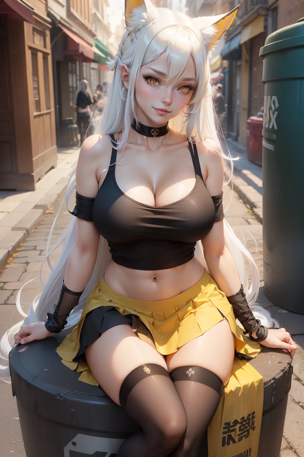 (highres, masterpiece, best quality, realistic:1.2, pixiv:1.3, bishoujo:1.2), (anime art style), (Artstation HD, extremely detailed CG unity 8k wallpaper), art by artgerm and greg rutkowski,
BREAK
(bare shoulders, narrow waist:1.2),
(cleavage, collarbone, sideboob, navel, thigh:1.5),
(blush:1.1),
(bright pupils, jewelry pupils with elegant eyelashes, naughty face:1.2),
(dutch angle, dynamic pose:1.3)
BREAK
pretty, bishojo, kawaii,
(intricate line sketch:1.2),
bokeh, depth of field,
BREAK
blush, (smile:1.2),
BLARKY beautiful caucasian woman with very long straight (white hair:1.3),
bangs, hair between eyes, fox ears, fox tail, fair skin, expressive face, attractive appearance, (large breasts:1.2), short woman, 19 years old, (yellow eyes:1.4), eyeliner,
BREAK
(hip-hop style Jirai-kei:1.4),
(black Wear:1.3),
(oversized black T-shirt, text on T-shirt:1.5),
(exposed T-shit hem:1.4),
(black and pink striped pattern thighhighs:1.3),
(ruffle-skirt, multilayer-skirt:1.3),
(red lace-up boots:1.2),
(choker, Bangles, silver accessories:1.2),
BREAK
(sitting on trash can:1.3),
(from avobe:1.2),
narrow alleyway, old stone buildings, dim lighting, rusty streetlamp, soft glow, wet cobblestones