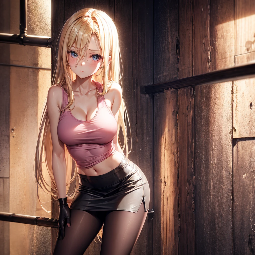 Early 30s, long blonde hair, large heavy breasts, slender build, pink tank top (braless), short leather skirt, pantyhose, back against a wooden wall in a dungeon, legs parted, eye contact,