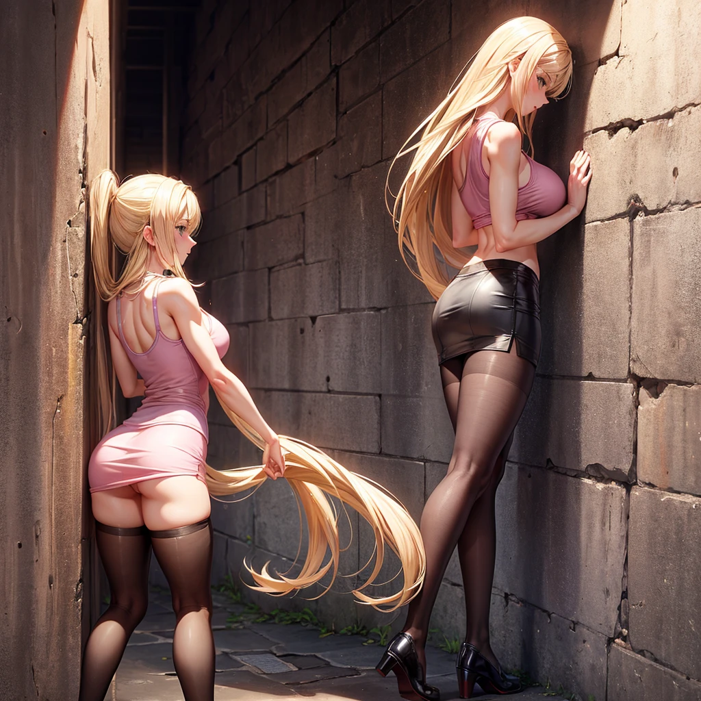 Early 30s, long blonde hair, large heavy breasts, slender build, pink tank top (braless), short leather skirt, pantyhose, back against a wooden wall in a dungeon, legs parted, eye contact, 