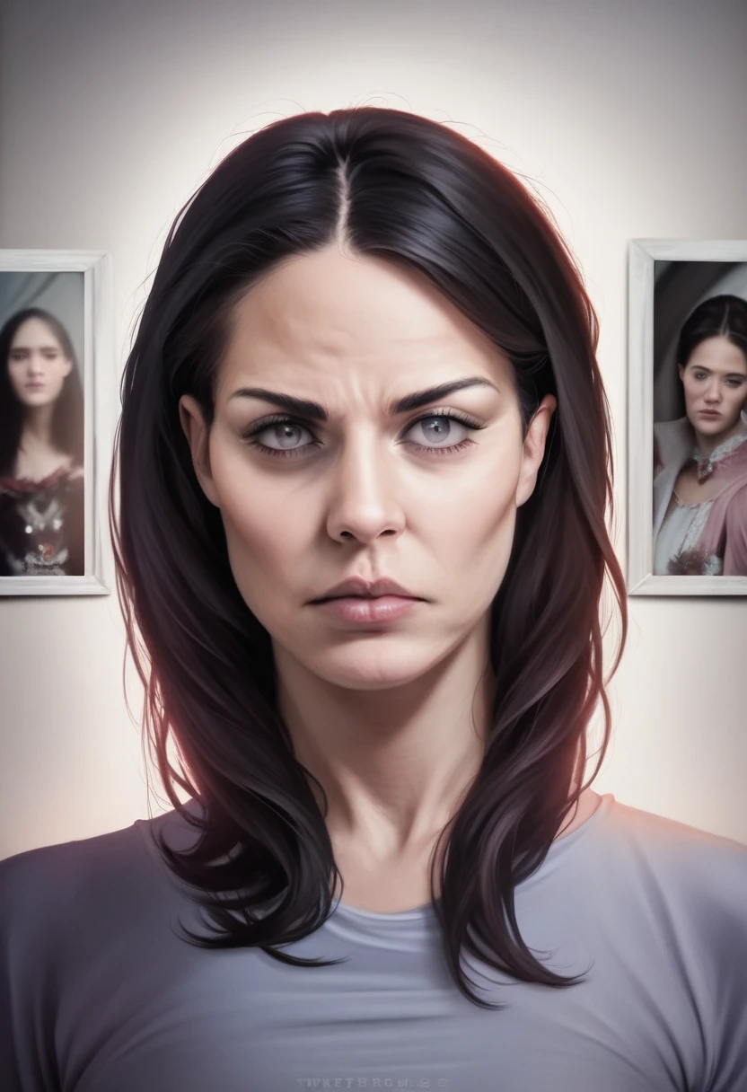 a woman with long black hair, beautiful detailed eyes, beautiful detailed lips, extremely detailed eyes and face, long eyelashes, serious expression, dull eyes, dead inside expression, gray eyes, majestic presence, wearing casual clothes, evil aura, colorful portrait, (best quality,4k,8k,highres,masterpiece:1.2),ultra-detailed,(realistic,photorealistic,photo-realistic:1.37),portraits,vivid colors,studio lighting