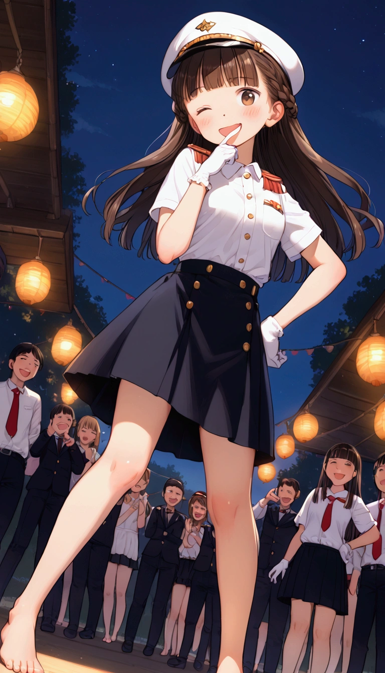 {Highest quality}, {Super beautiful},{Ultra fine},{Best illustration},Brown Hair,Hime cut,long hair,Braid,One woman,Standing Woman,Strike a pose,Adult women,smile,Excited face,Wink,Uniform cap,White Shirt,Short sleeve,long black skirt,White gloves,Night Festival,Blushing,Slender,Black stiletto heels,barefoot,From an angle,From below,Put one hand on your hip,Woman with closed legs,Putting a finger to one's mouth with one hand