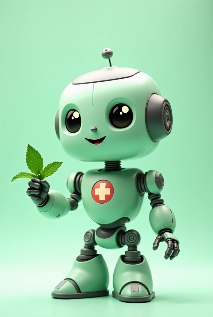 Small light green robot with a medical cross, friendly with a mint leaf in hand