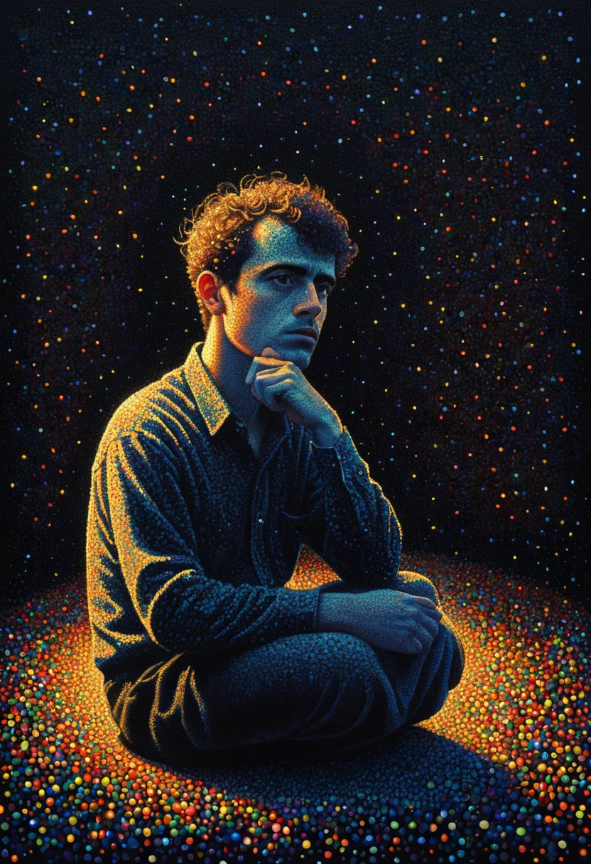 pointillism, a tormented genius contemplates the futility of things and concludes that everything is useless, micro dots representing blind spots, 8k, work of art, Brilliant composition, deep dark contrast, minimal use of colors