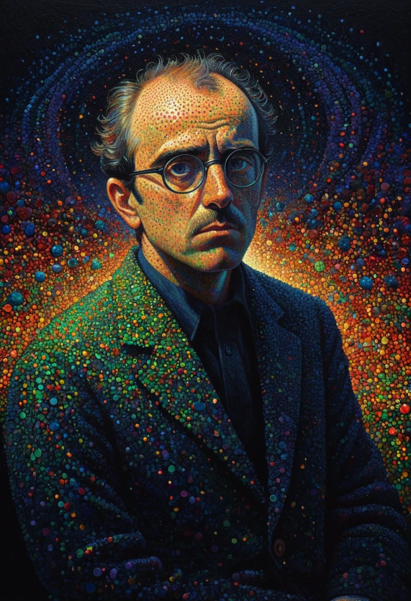 pointillism, a tormented genius contemplates the futility of things and concludes that everything is useless, micro dots representing blind spots, 8k, work of art, Brilliant composition, deep dark contrast, minimal use of colors