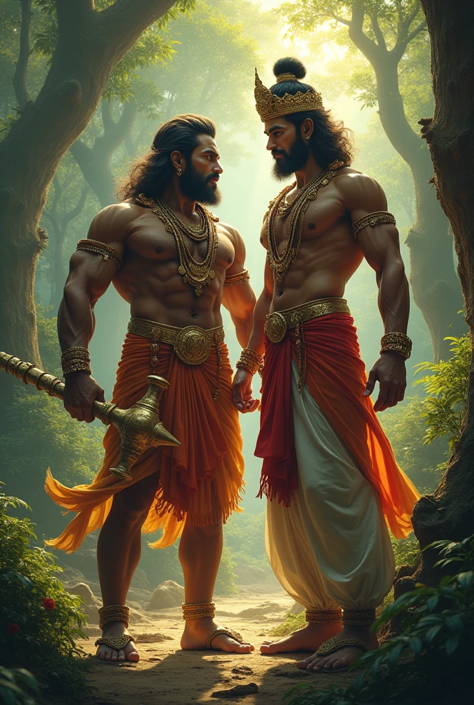 Bodybuilder Hanuman with ram with gada in forest