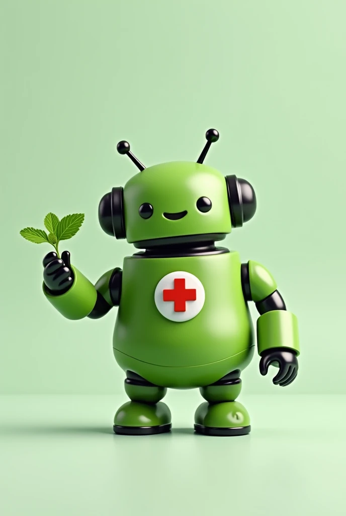 Small, friendly, chubby green robot with a medical cross on its chest and one hand holding a mint leaf. 
